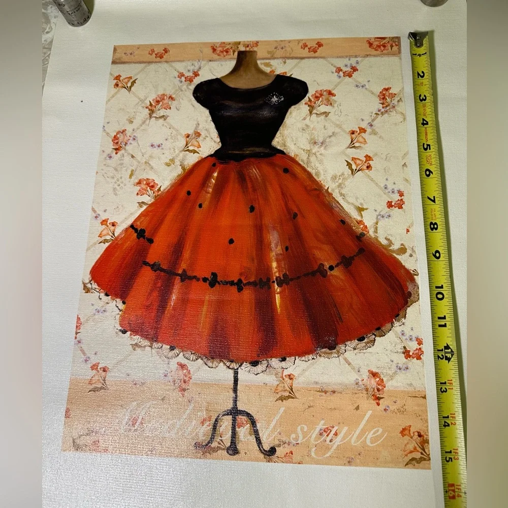 Printed Art on canvas Boutique Dress Red and Black against Vintage Wallpaper‎